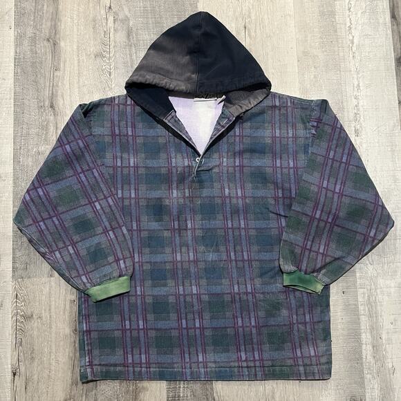 VTG Firenze Sun Faded Blue/Purple Plaid Hooded Cotton Pull Over Blank Sweatshirt - Picture 1 of 4